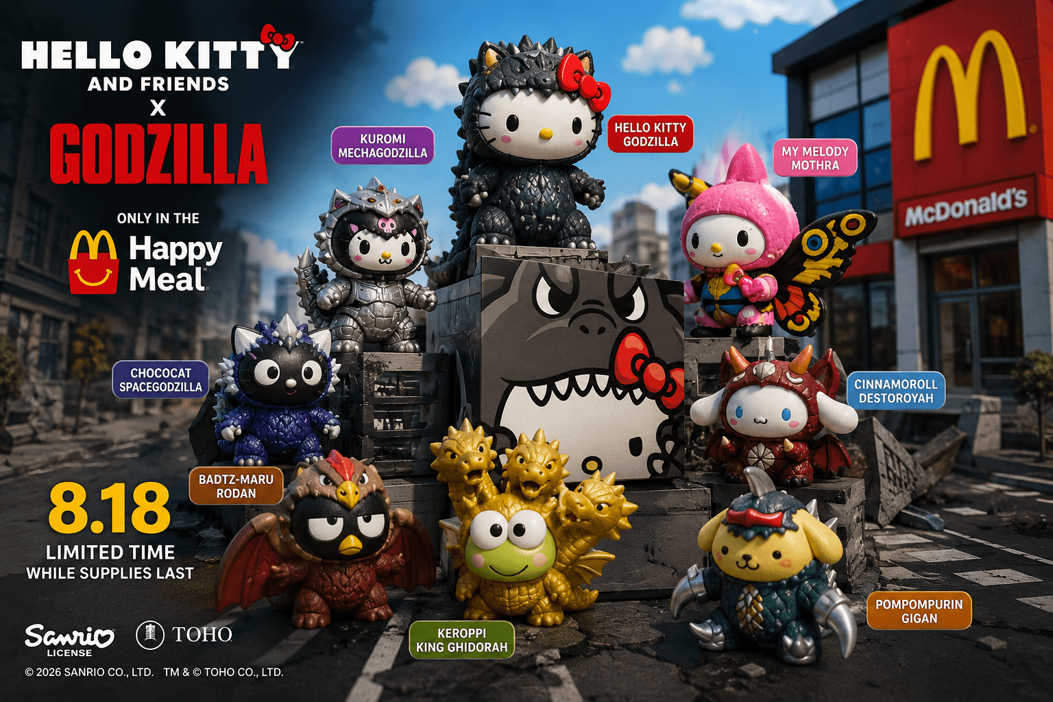 McDonald’s Hello Kitty x Godzilla Happy Meal: 8 Toys Revealed Ahead of August 18 Launch