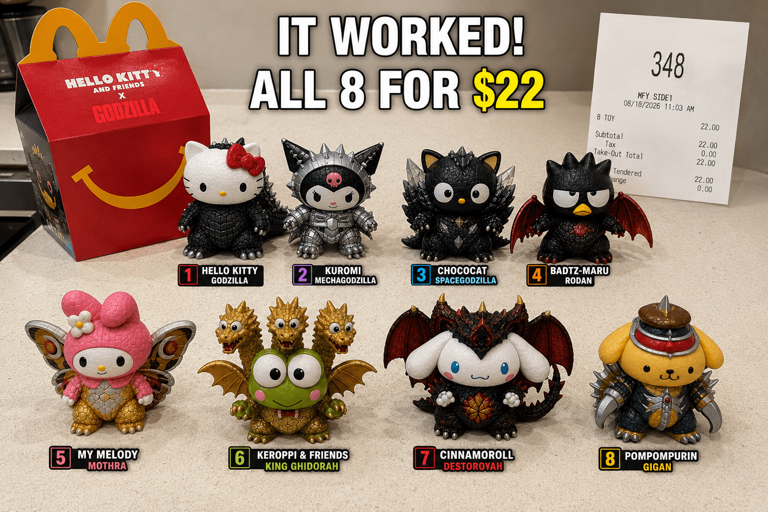 You Could Buy All 8 McDonald’s Hello Kitty x Godzilla Toys for $22 at This Locations